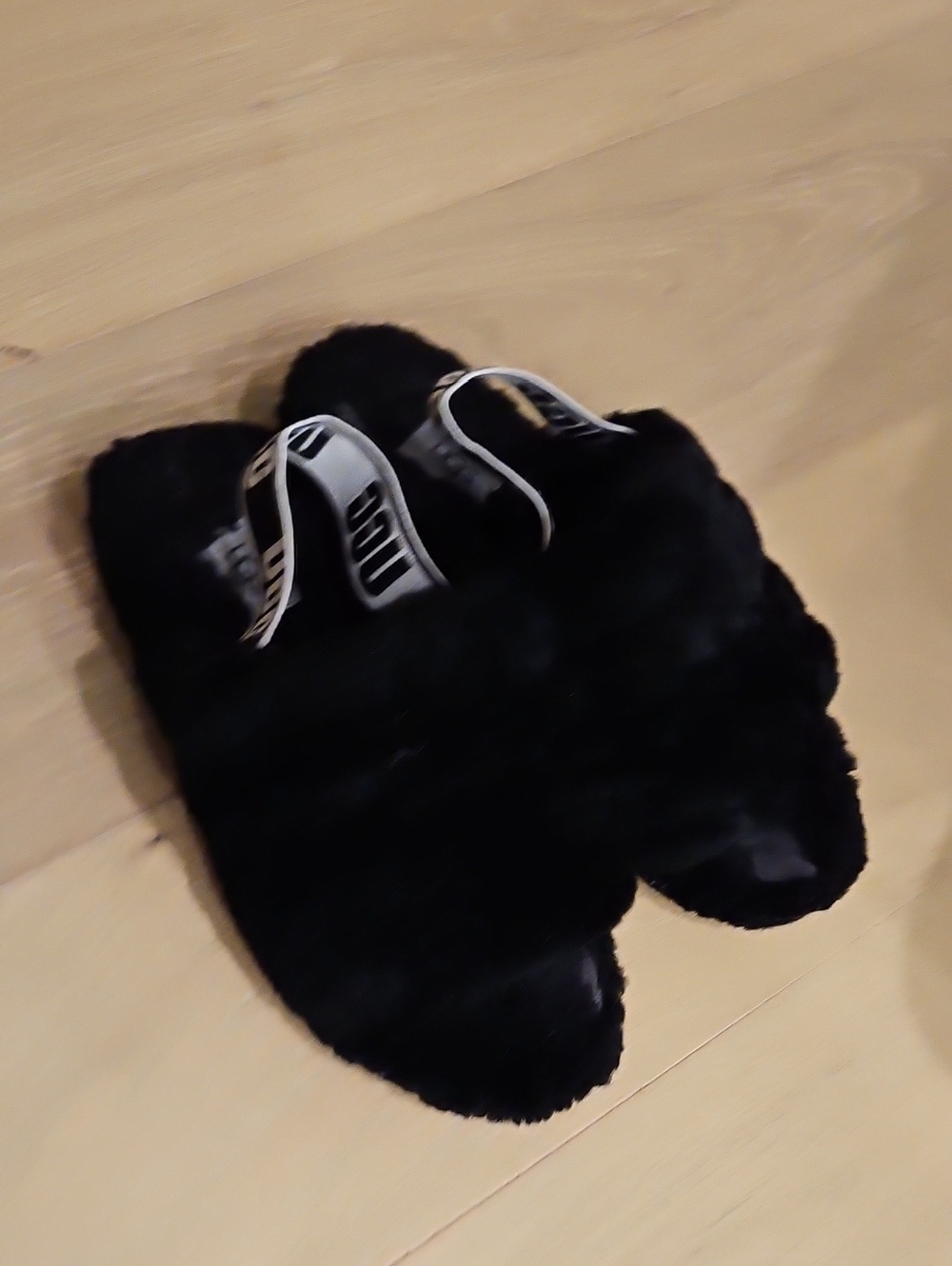 UGG Black Faux Fur Slide Slippers with Branded Strap